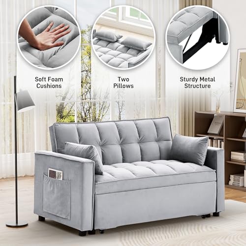 Velvet Convertible Sleeper Sofa Bed with Adjustable Backrest, Dark Grey E67840