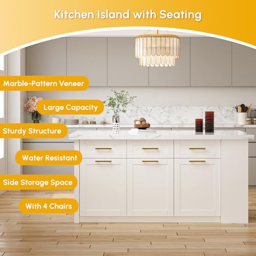 homary 72" Kitchen Island with Storage, White Dining Table with Seating & 3 Drawers H6352