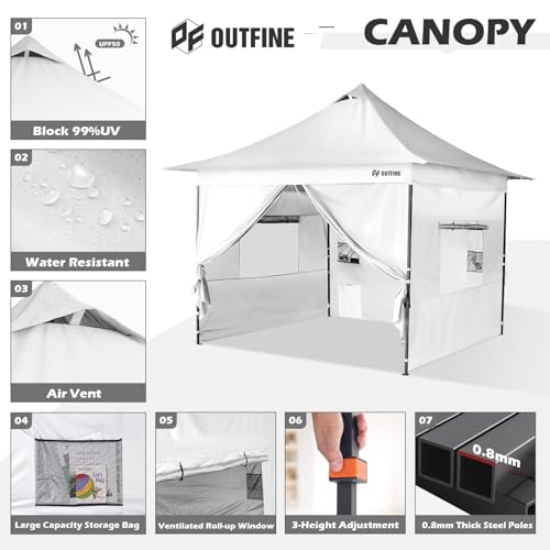 OUTFINE Heavy Duty 10x10 Pop Up Canopy Tent with 3 Side Walls, White Q980400