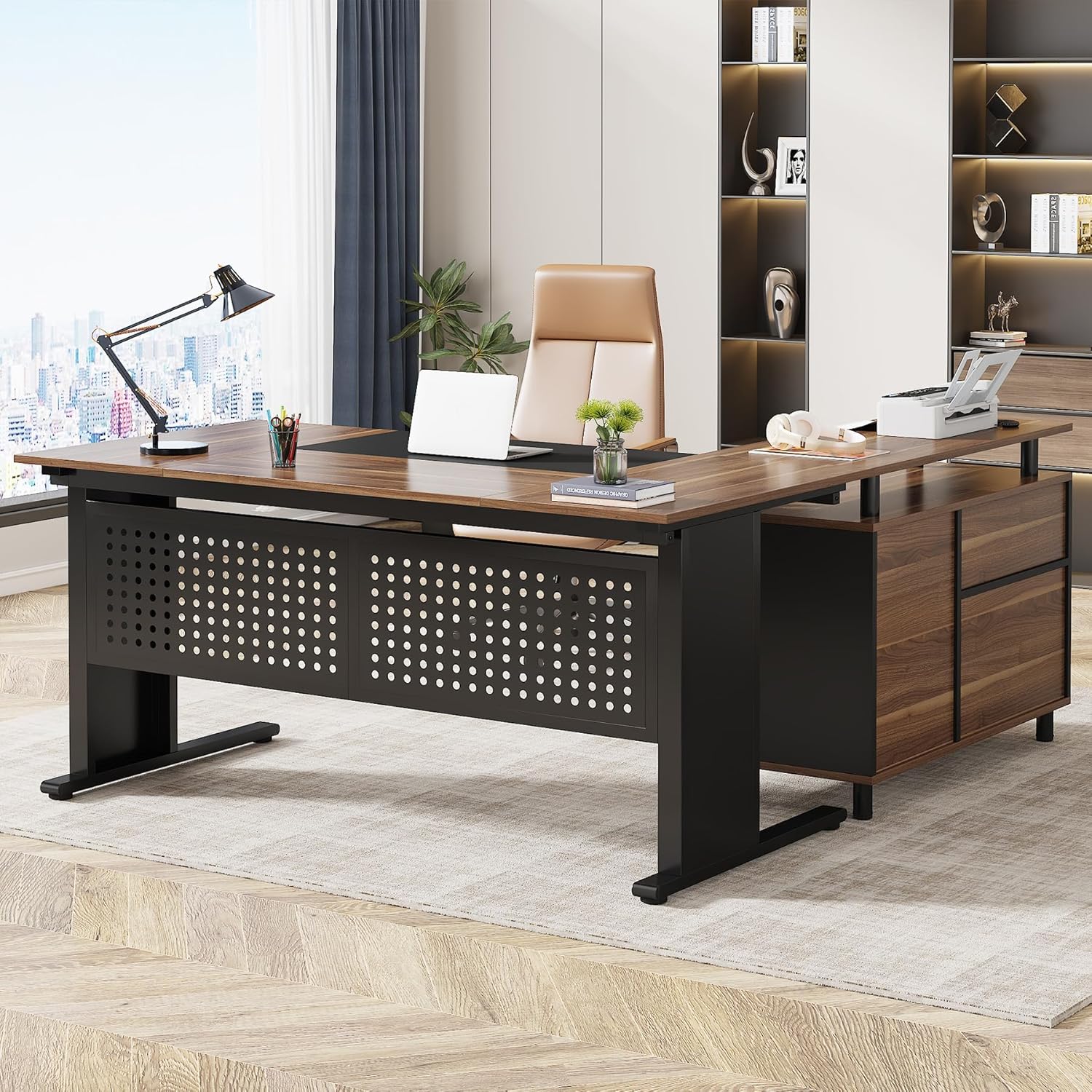 63 Inch L Shaped Executive Computer Desk with File Cabinet, Brown and Black G986925