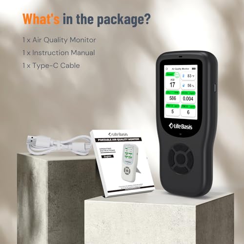LifeBasis 11-in-1 Indoor Air Quality Monitor with Stand, Real-Time AQI, PM2.5, CO2, Temperature and Humidity Z448408