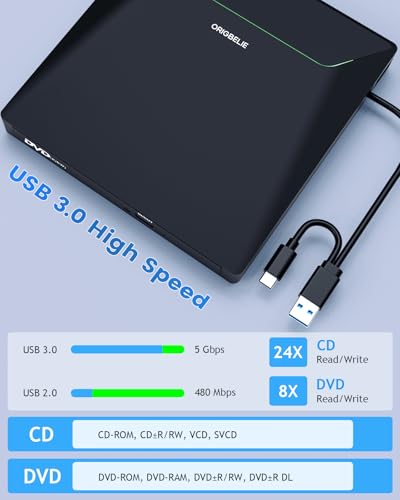 External CD DVD Drive for Laptop, USB 3.0 Type-C, Slim Portable Burner T70166