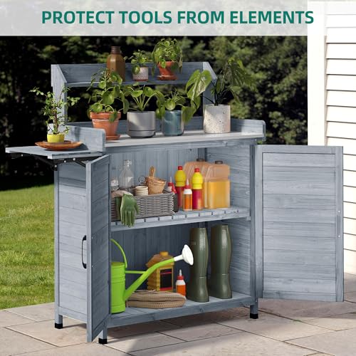 YITAHOME Solid Wood Potting Bench Table with Folding Pallet and Metal Tabletop, Grey Y7623
