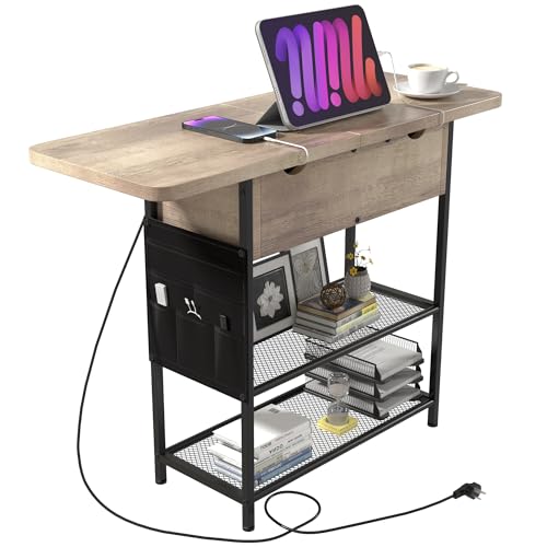 End Table with Fast Charging Station, Narrow Side Table with USB C Ports and Outlets,Flip Top Bedside Table, Nightstand with Drawers for Living Room Bedroom and Small Space (Rustic Brown)