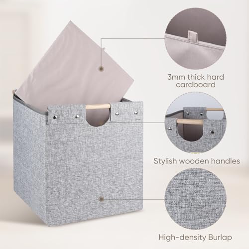 Collapsible Storage Cubes 4 Pack with Wooden Handles for Shelves, Beige J7023