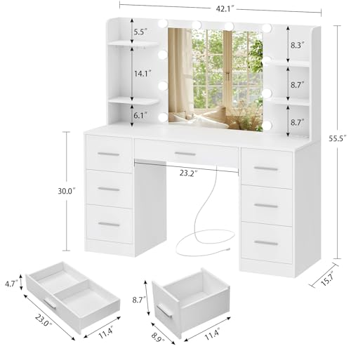 Quimoo Large Vanity Desk with LED Mirror & Power Outlet, White L335