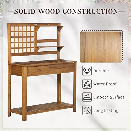 Outsunny Potting Bench Table, Outdoor Wooden Workstation with Shelves and Drawer Z303163
