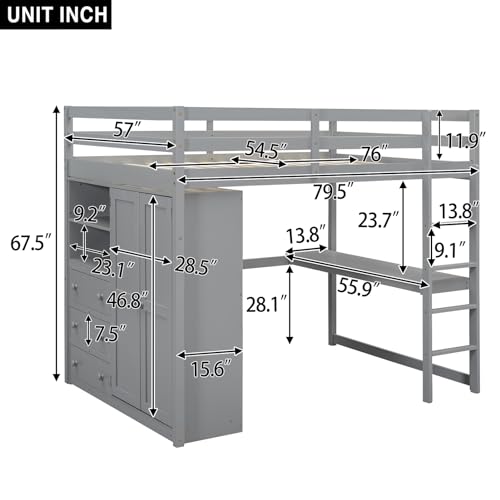 Harper & Bright Designs Full Size Loft Bed with Wardrobe and Desk, Solid Wood, White M8159