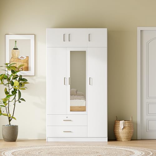 Mirror 3 Doors Closet Wardrobe with 2 Drawers and Top Cabinet, White T40591