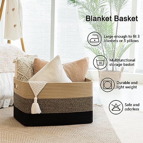 OIAHOMY Large Rectangle Woven Blanket Basket with Handle, Gradient Blue B58762