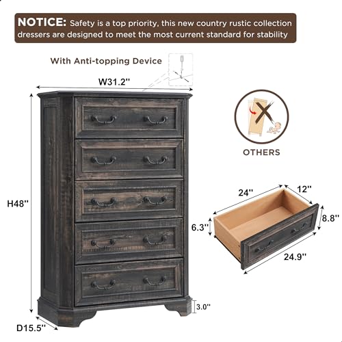T4TREAM Farmhouse 5 Drawers Dresser, 48" Tall Wood Rustic Chest, Antique White A34054