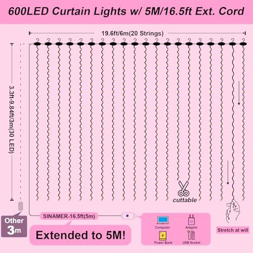 600LED Curtain Lights for Bedroom, Warm White, 8 Modes Y367582