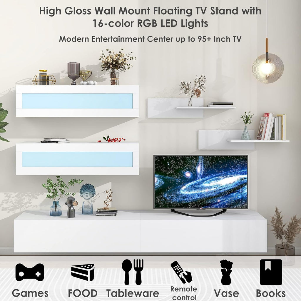 Modern High Gloss Wall Mount TV Stand with 4 Cabinets and 2 Shelves G7906