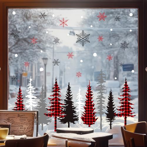 Whaline 9 Sheet Christmas Window Clings Snowy Forest Trees Reusable Window Decals H27510