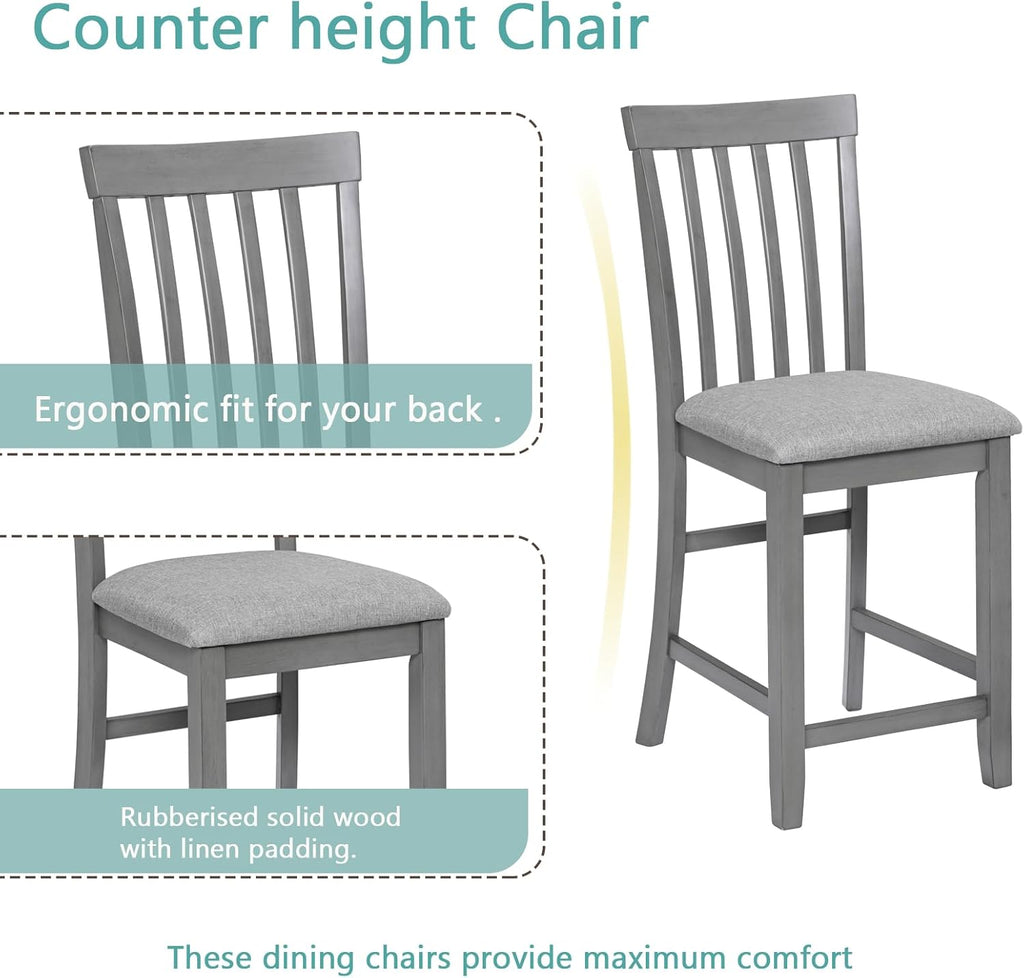 5 Piece Counter Height Dining Table Set for 4, Farmhouse with Upholstered Chairs, Dove Gray A5692