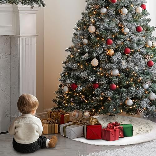 SYITCUN Christmas Tree Skirt, 48 Inch White and Gold Faux Fur F99847