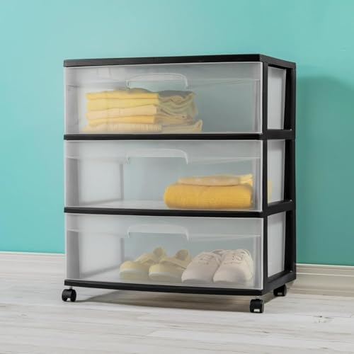 3-Drawer Wide Storage Cart – Black & Clear, Rolling Organizer G763474