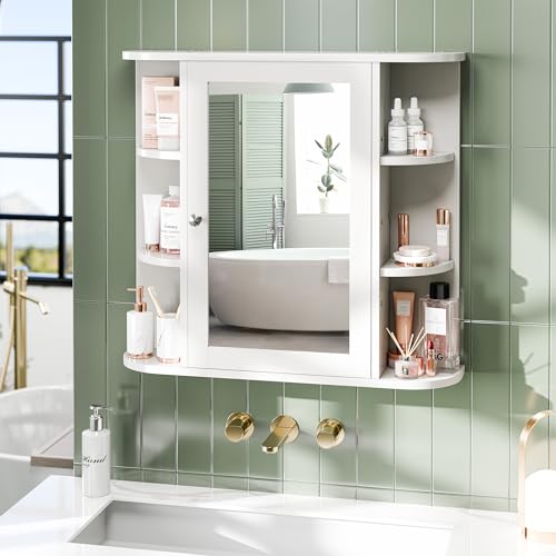 Meilocar Bathroom Mirror Cabinet Wall Mounted, White, 6 Open Shelves V3130