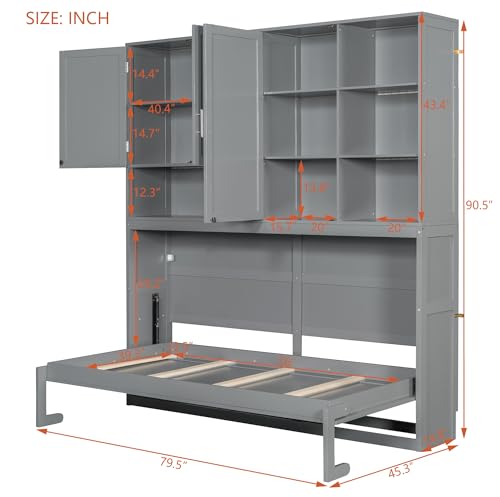 SOFTSEA Twin Murphy Bed with Storage Bookcase, LED Light & Charging Stations, Grey G72495