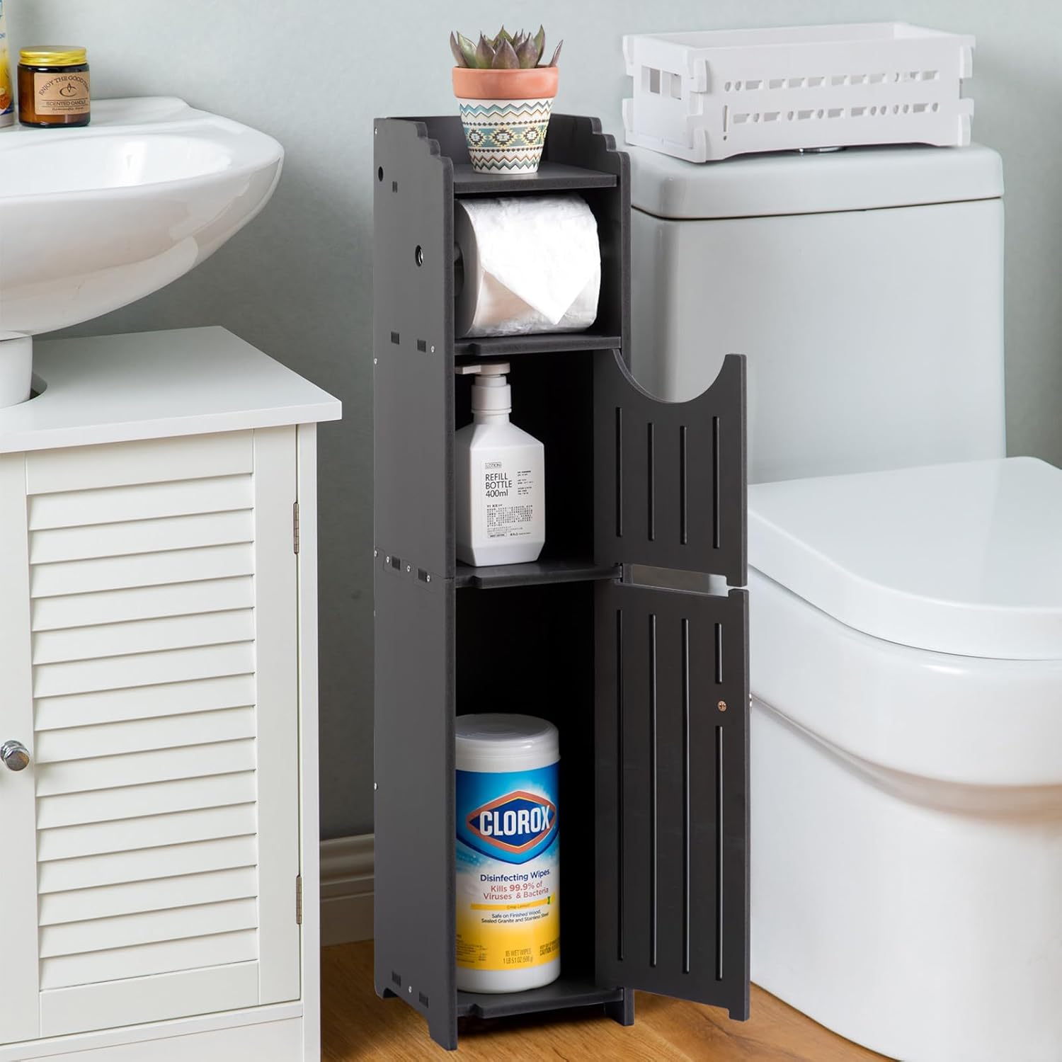 AOJEZOR Bathroom Storage Cabinet with Toilet Paper Holder for Mega Roll, Matte Black G9244
