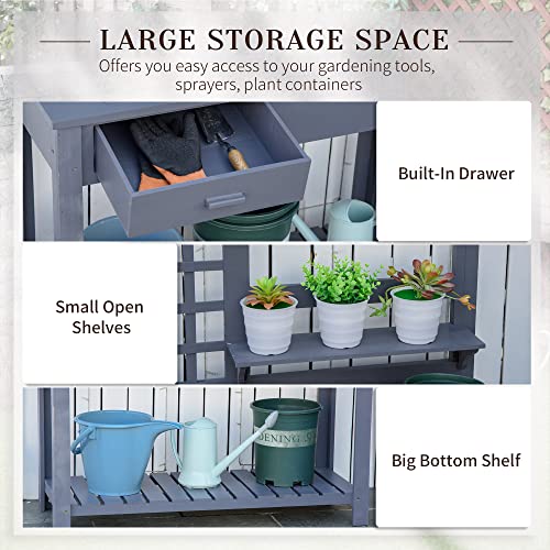 Outsunny Potting Bench Table, Outdoor Wooden Workstation with Shelves and Drawer Z303163