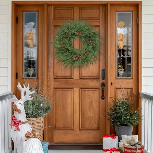Lush Christmas Wreath with Red Berries 24 inch Faux Cedar for Front Door P46434