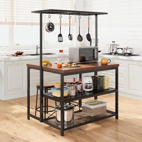 Kitchen Island with Storage, Bakers Rack with Power Outlet, 3 Tier Microwave Stand, Coffee Bar Table I24443