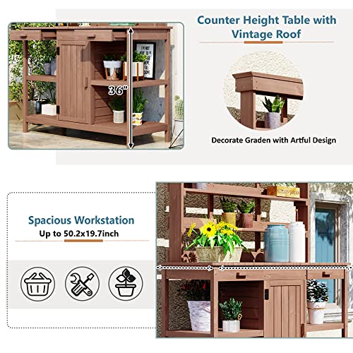 Merax 66" Outdoor Farmhouse Wooden Potting Bench Table with 2 Drawers and Cabinet, Brown U7933