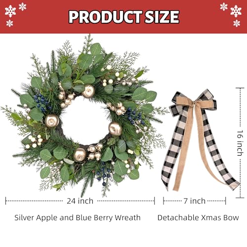 24 Inch Christmas Wreath for Front Door with Storage Bag, Gold Apple & Blue/White Berry, Buffalo Plaid Bow O585