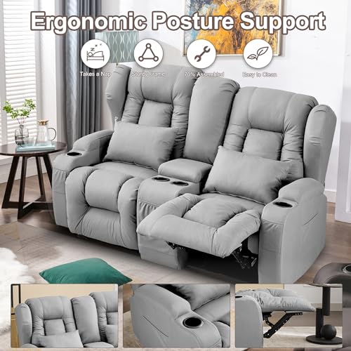 Loveseat Recliner Sofa with Console and Cup Holders, Beige Y4706