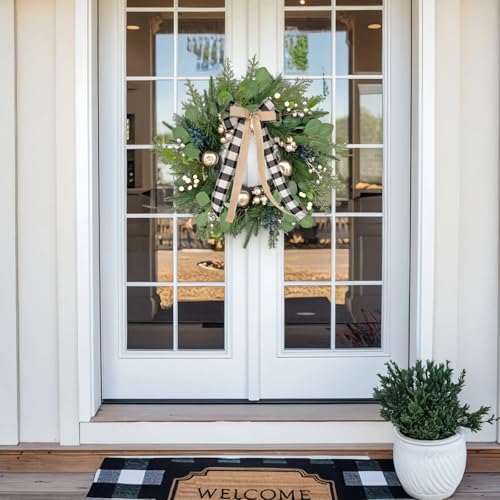24 Inch Christmas Wreath for Front Door with Storage Bag, Gold Apple & Blue/White Berry, Buffalo Plaid Bow O585