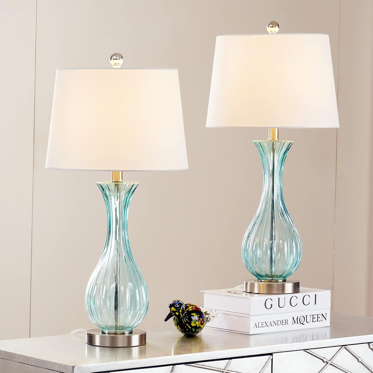 Maxax Coastal Glass Table Lamps Set of 2, Blue Bedside Lamps with White Shade H247715