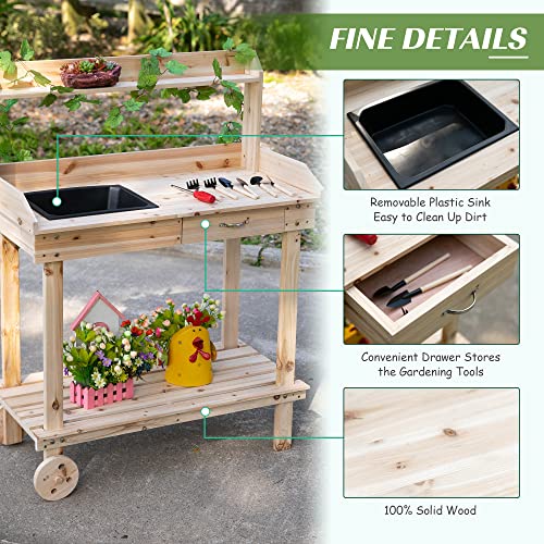 Outsunny 36" Wooden Potting Bench Work Table with Sink and Storage, Brown O683