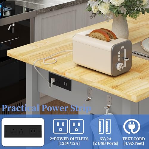 47.3" Solid Rubberwood Kitchen Island with Power Outlets, Grey E752