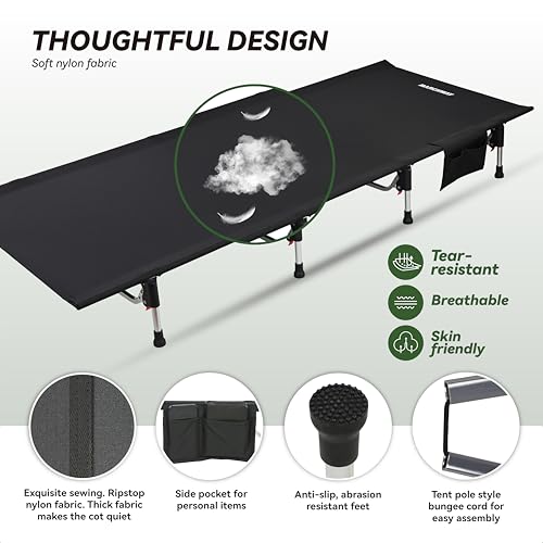 MARCHWAY Lightweight Folding Tent Camping Cot Bed with Lever Lock, Portable, 330Lbs (Black) R945221