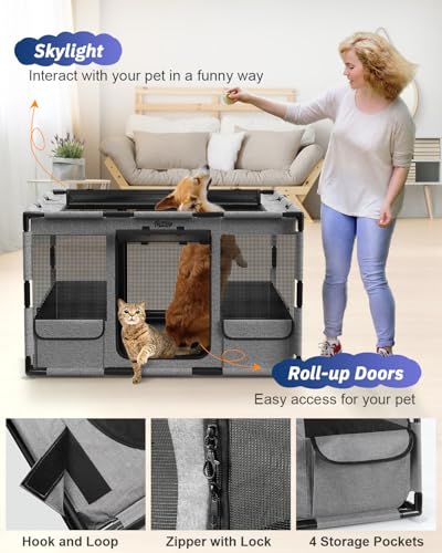 Dog Playpen 43x43x26 Inches Portable with Top Cover, Gray A364