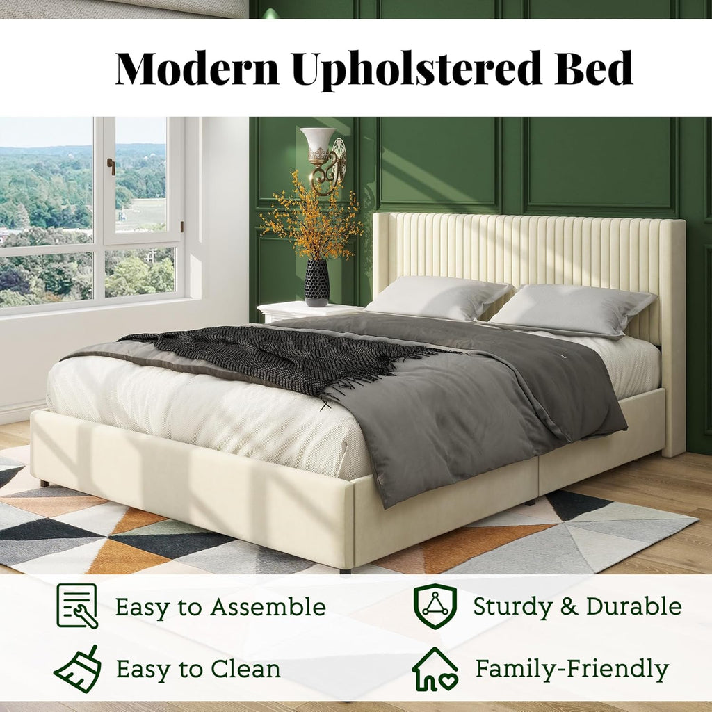 Dolonm Queen Size Upholstered Bed Frame with 4 Drawers Storage and Headboard, Ivory Velvet C23102