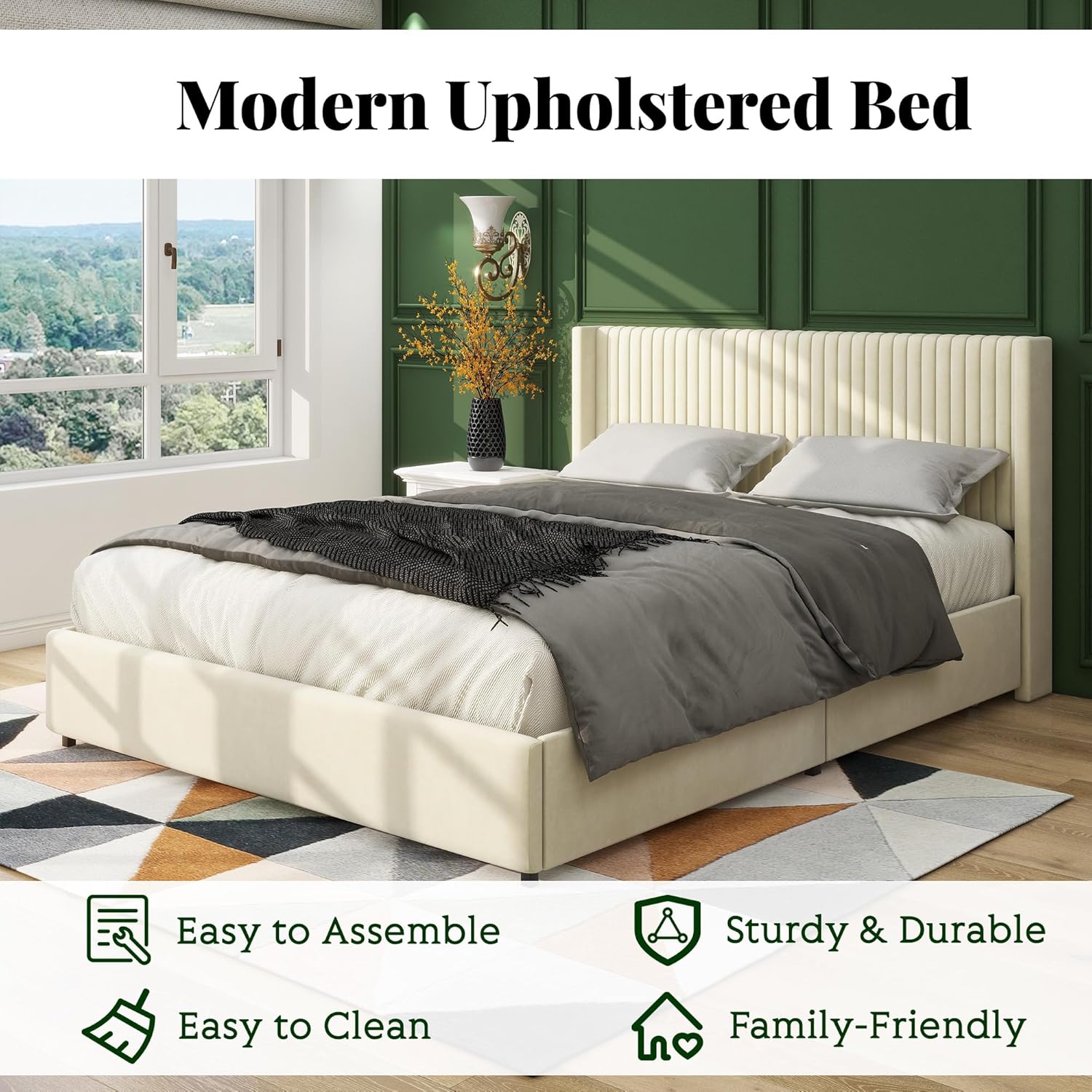 Dolonm Queen Size Upholstered Bed Frame with 4 Drawers Storage and Headboard, Ivory Velvet C23102