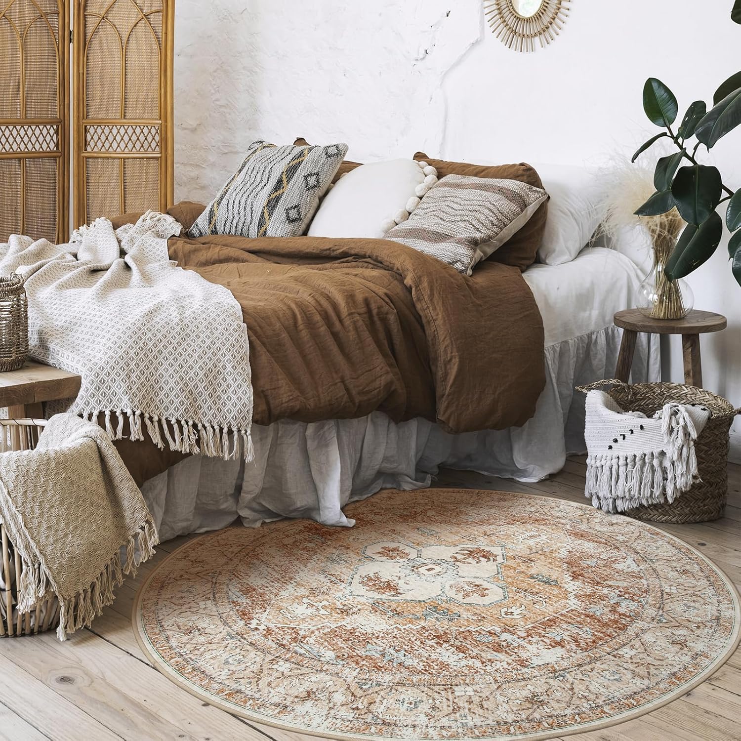 Lahome Boho Circle Rug 6Ft Washable Non-Slip Round Area Rug C716