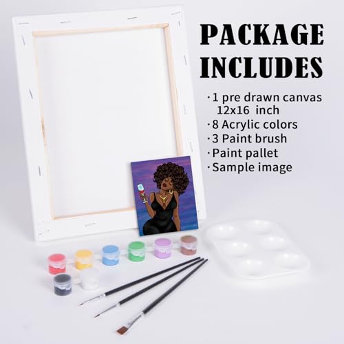 VOCHIC Paint and Sip Kit, Pre Drawn Canvas Painting Set for Adults Kids, 8 Acrylic Colors, 3 Brushes, 1 Palette (12x16) V41124