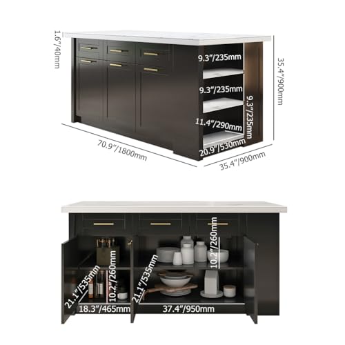 homary 72" Kitchen Island with Storage, White Dining Table with Seating & 3 Drawers H6352