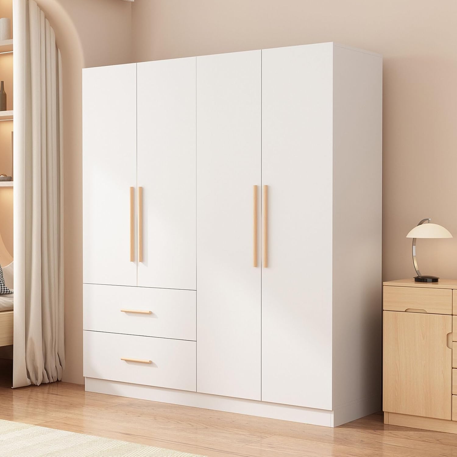 Tall Wooden Wardrobe Armoire 4-Door 2-Drawer White L364713