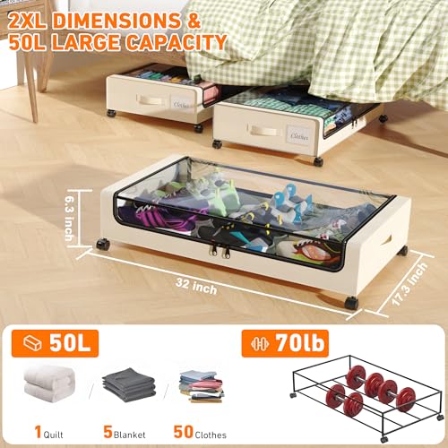 Under Bed Storage with Wheels, 2-Pack XXL 60L Metal Drawer, Black S2866