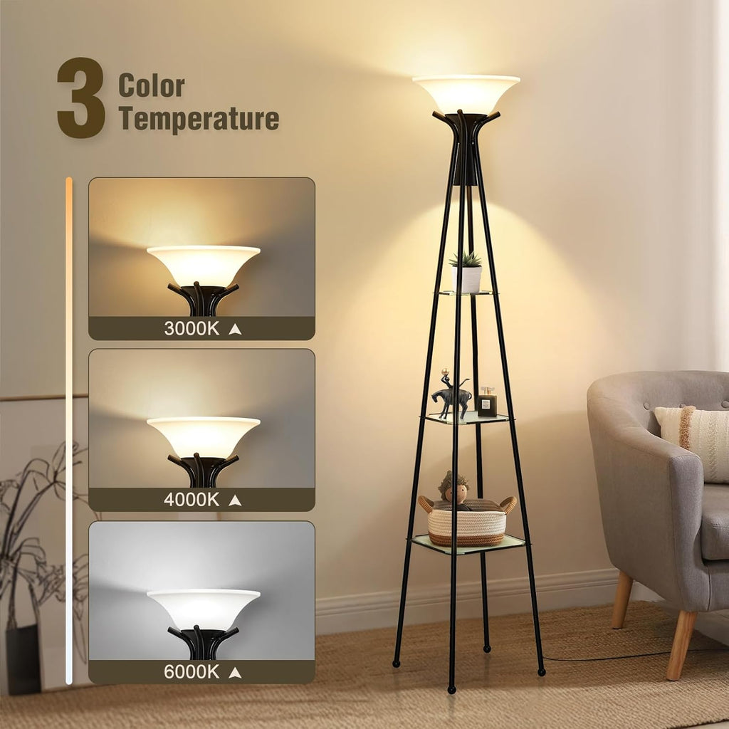 Luvkczc Floor Lamp with Shelves, 69" Tall, 3-Tier Glass Shelves, Black Y511
