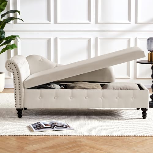 Tufted Velvet Chaise Lounge with Storage, Beige Y118