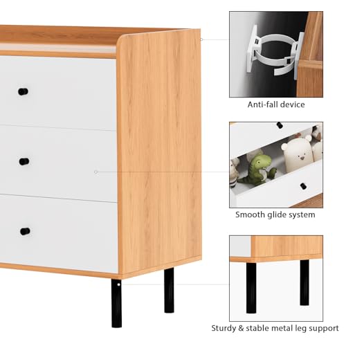 White Nursery Dresser with 6 Drawers, Modern Wood, Black Knobs G330