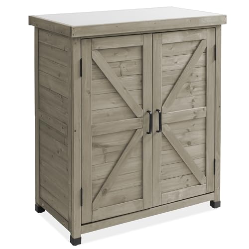 Casafield Outdoor Garden Potting Bench with Metal Tabletop and Storage Cabinet, Gray J404
