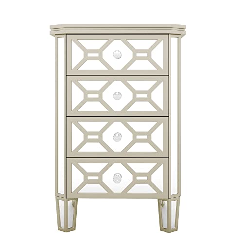 Mirrored 4-Drawer Chest with Golden Lines and Crystal Knob for Bedroom, Silver C933