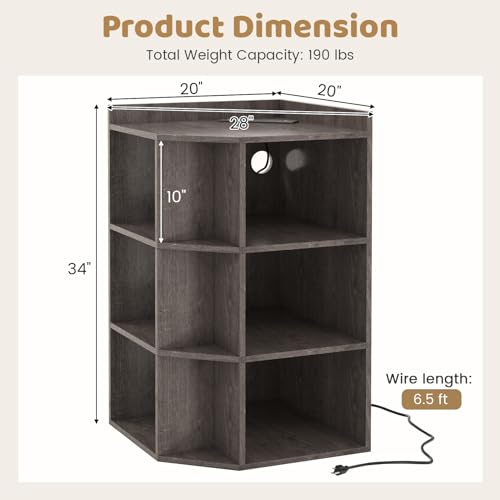 9 Cube Corner Cabinet, 3-Tier Wooden Bookshelf with Charging Station, White E10683