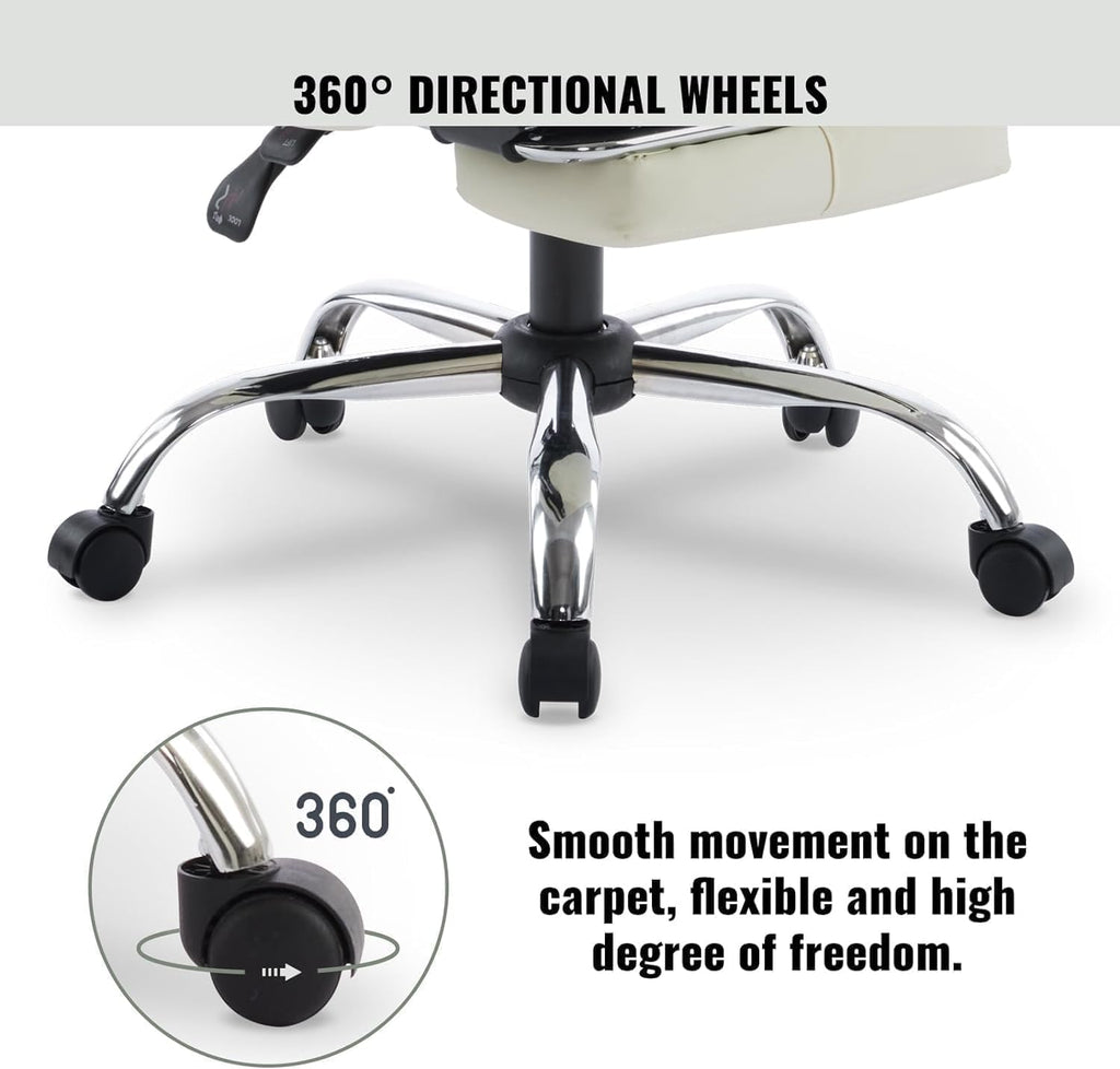 High-Back PU Leather Office Chair with Footrest, Cream White X25018